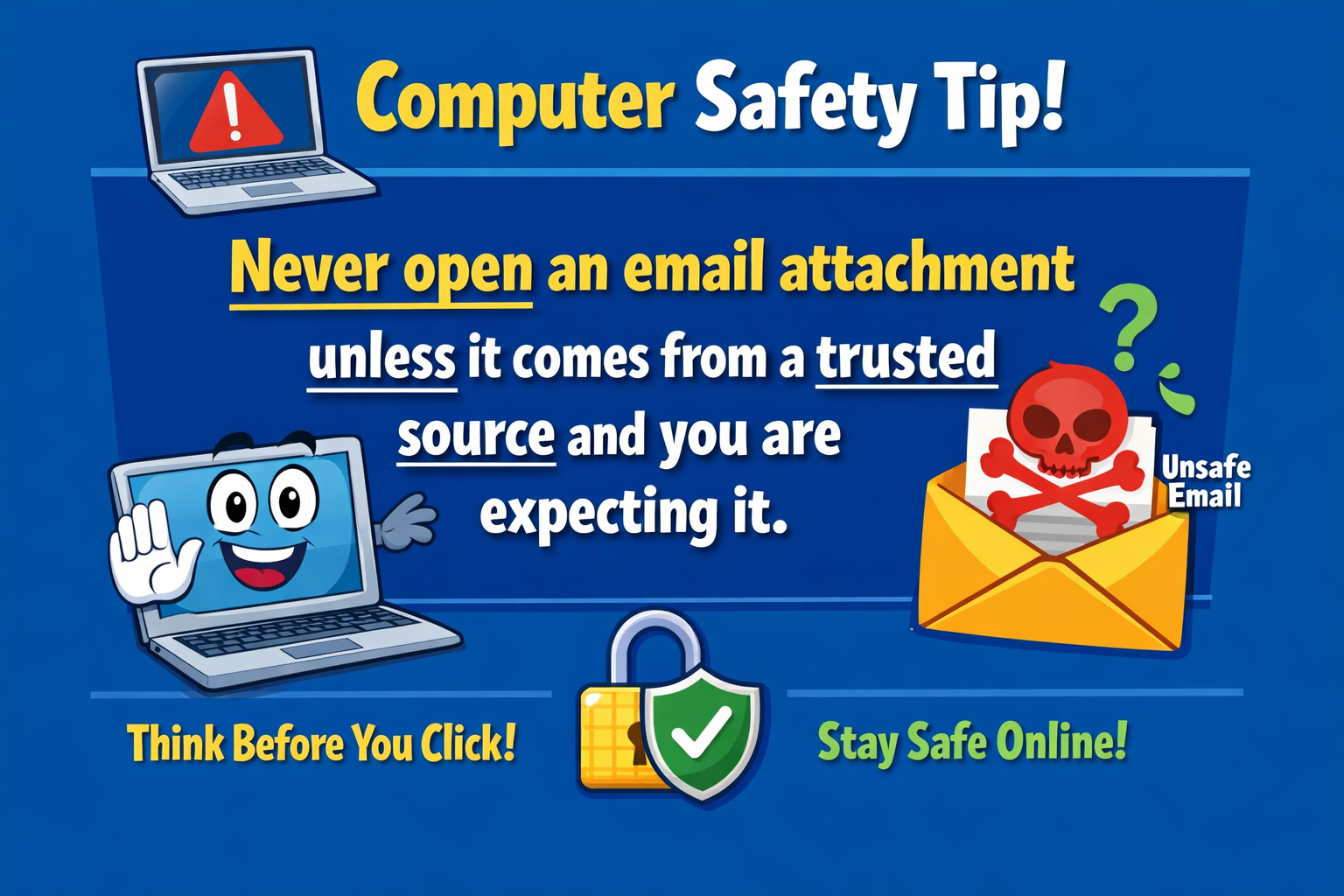 Image. Computer Safety Tip: Never open an email attachment unless it comes from a trusted source and you are expecting it.