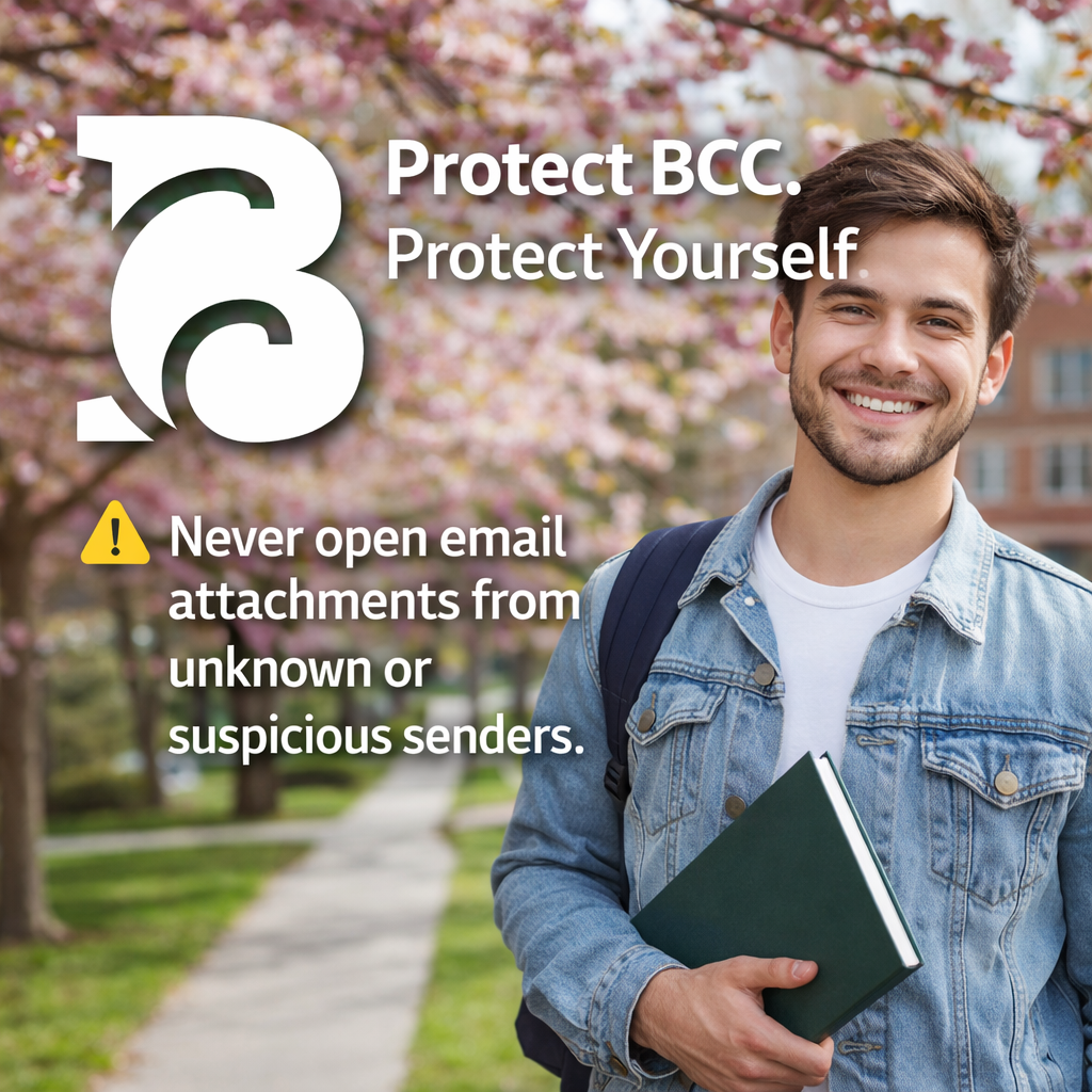Image. Protect BCC. Protect yourself. Never open email attachments from unknown or suspicious senders.