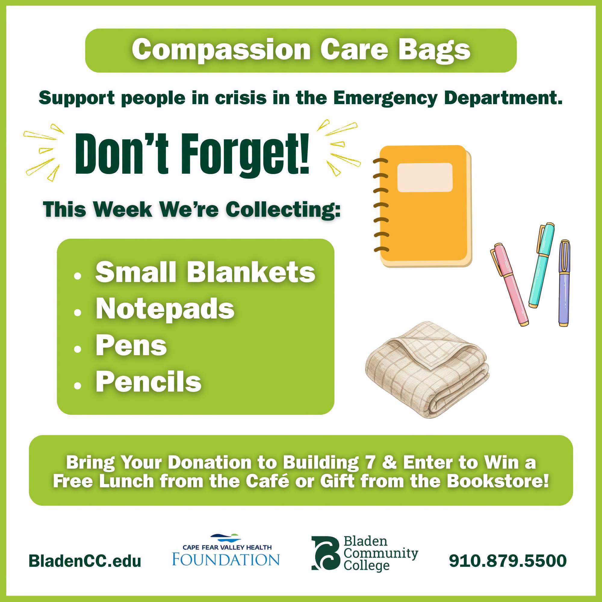 Compassion Bags. Small blankets. Notepads. Pens. Pencils.